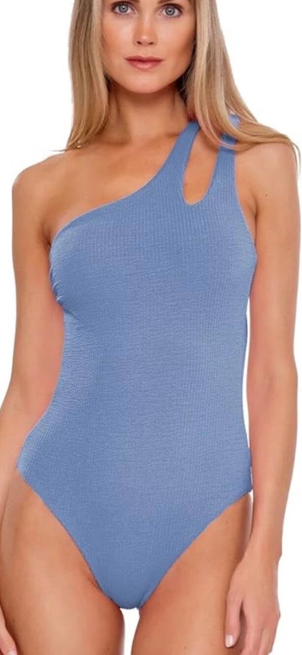 Becca Mist Blue Pucker Up One Shoulder Double Strap Ribbed Swim One Piece L NWT